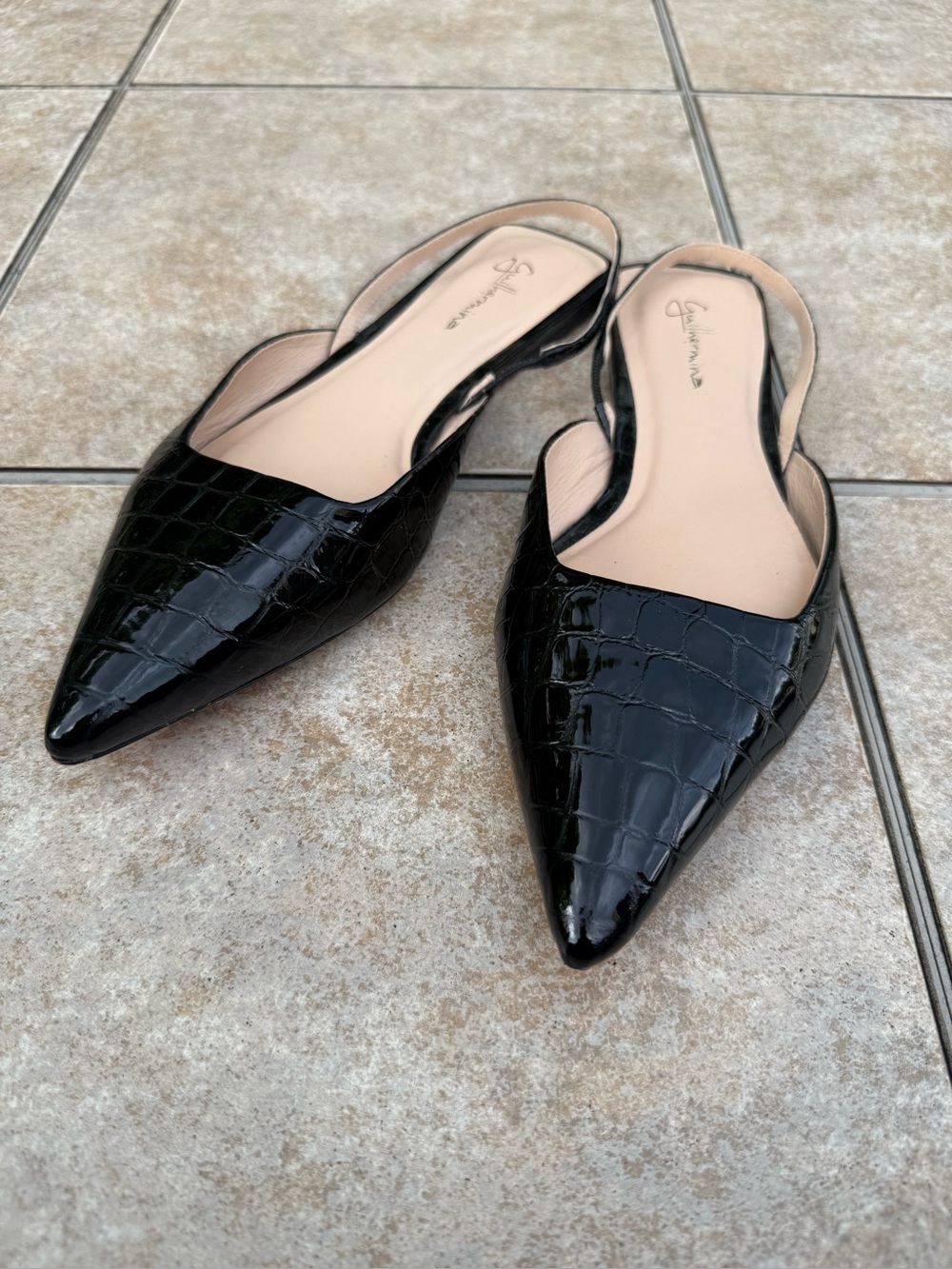 Guilhermina Slingback Pointed-Toe Flats in Black Croc Patent